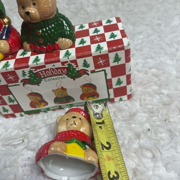 New in Box set of 3PC  ceramic Bear Bell Ornament Red ,Green & Tan colors - Picture 9 of 12